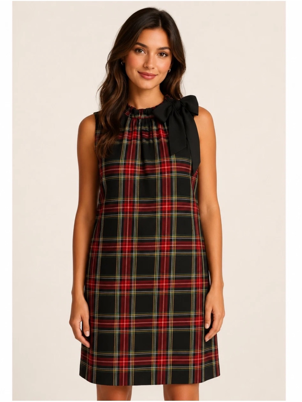 J. Crew Factory Plaid Sleeveless Shift Dress in Red and Black with Tie Neck